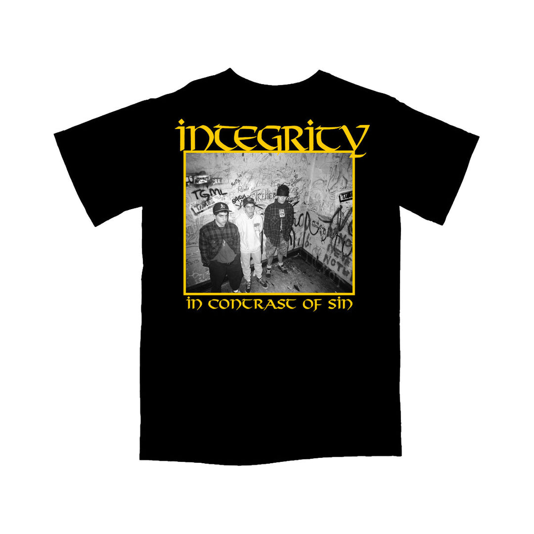 Integrity Heavy Cotton T-shirt by Gildan in black features a black-and-white photo of four people before graffiti, with “INTEGRITY” in yellow above and “IN CONTRAST OF SIN” below. Classic comfort and style.