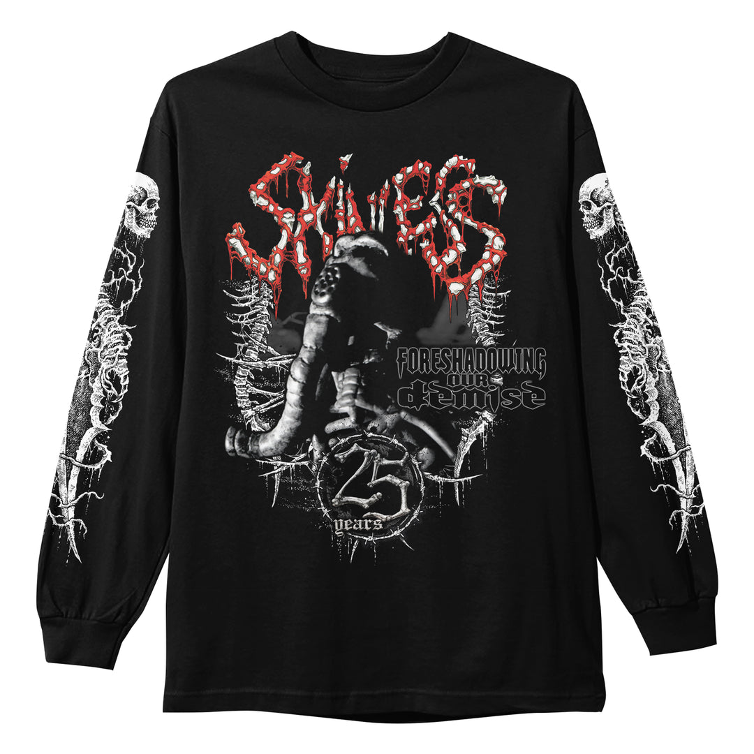 Black Skinless heavy cotton long-sleeve with white and red “Saviors” text, printed gas mask figure, barbed wire and skull sleeve graphics, plus “Foreshadowing is wise” and “25 years” on the front.
