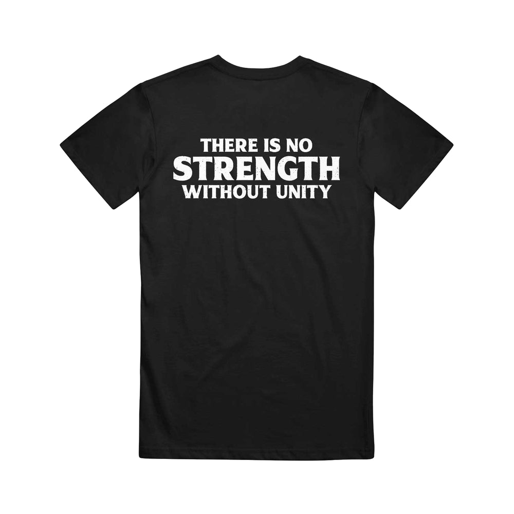 Straight Ahead black Gildan Heavy Cotton T-shirt with bold white back text: THERE IS NO STRENGTH WITHOUT UNITY. Available for presale now, shipping 5/15/26.