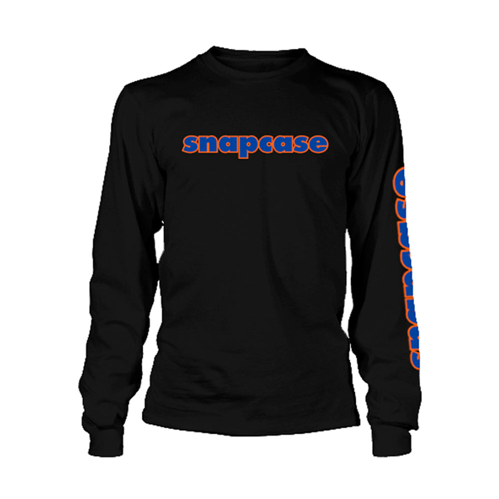 Snapcase heavy cotton black long sleeve shirt featuring the band’s name in bold blue and orange letters across the chest and down the right sleeve.