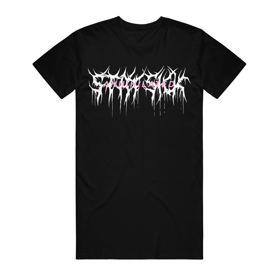 A black t-shirt from Stay Sick Clothing featuring a white, jagged Annihilated logo with pink accents on the chest in a metal band style.
