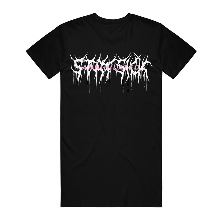 A black t-shirt from Stay Sick Clothing featuring a white, jagged Annihilated logo with pink accents on the chest in a metal band style.