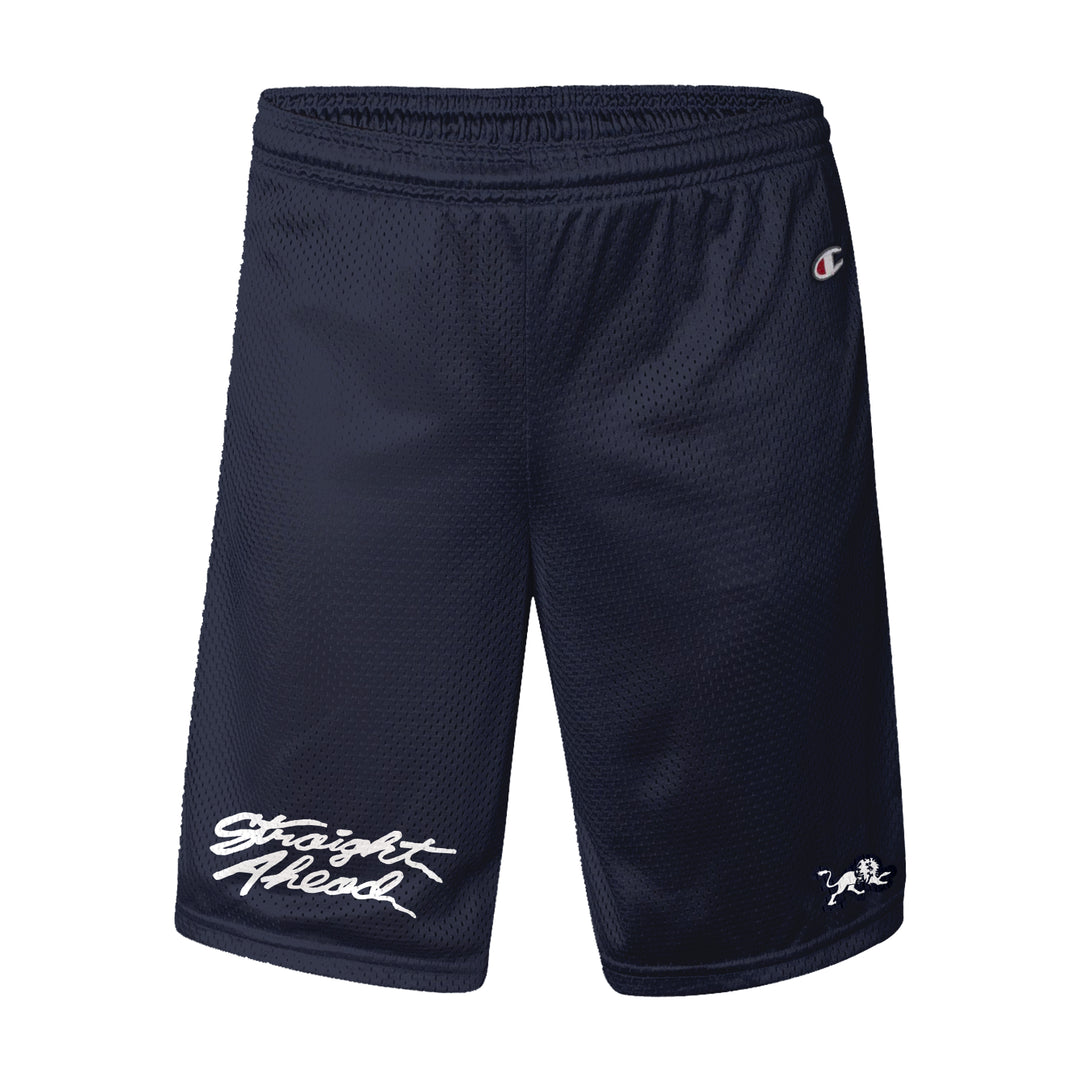 Navy blue Straight Ahead athletic shorts with an elastic waistband, "Straight Ahead" in white script, a small Champion logo near the waistband, and a lion graphic. Presale item; ships 5/15/26.