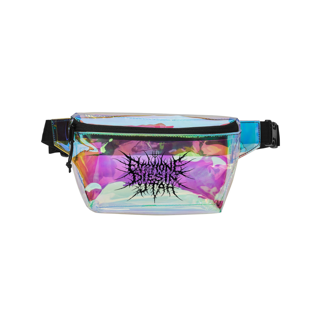 The Everyone Dies In Utah holographic iridescent Death Metal Fanny Pack features a bold front logo, black zipper, and an adjustable black strap with buckle.