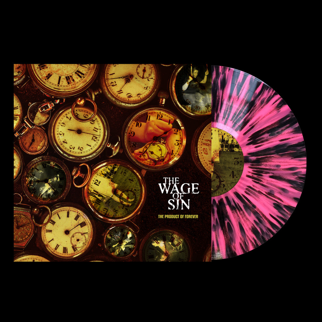 A pink and black splatter metalcore vinyl by The Wage Of Sin partially slides out of its cover, which features vintage pocket watches and the album title "The Product of Forever," released by Immigrant Sun Records.
