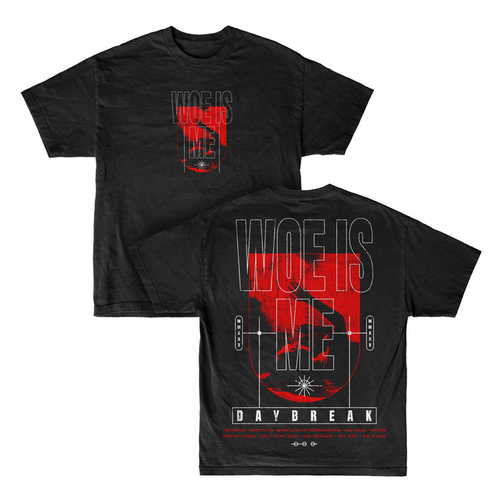 Woe Is Me black T-shirt featuring bold red and white graphics. Large Woe Is Me text appears on both sides over a vivid red sun, with DAYBREAK and small white symbols highlighted on the back.