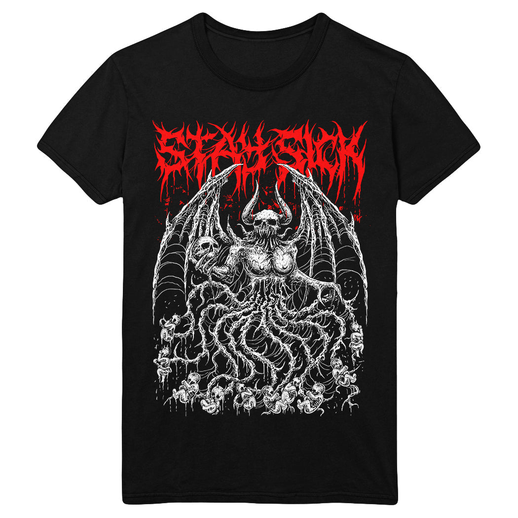 The Stay Sick Clothing Demon Mother T-Shirt features a detailed white graphic of a demonic, winged creature with horns and tentacle-like limbs, accented by bold red jagged text above for an unforgettable look.