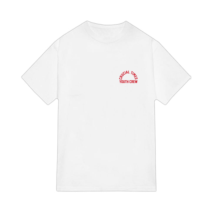 A plain white Crucial Times Comfort Colors short-sleeve t-shirt with small red text reading SUSICAL TIMES YOUTH CREW in a curved, stacked style on the upper left chest. Available now for presale.