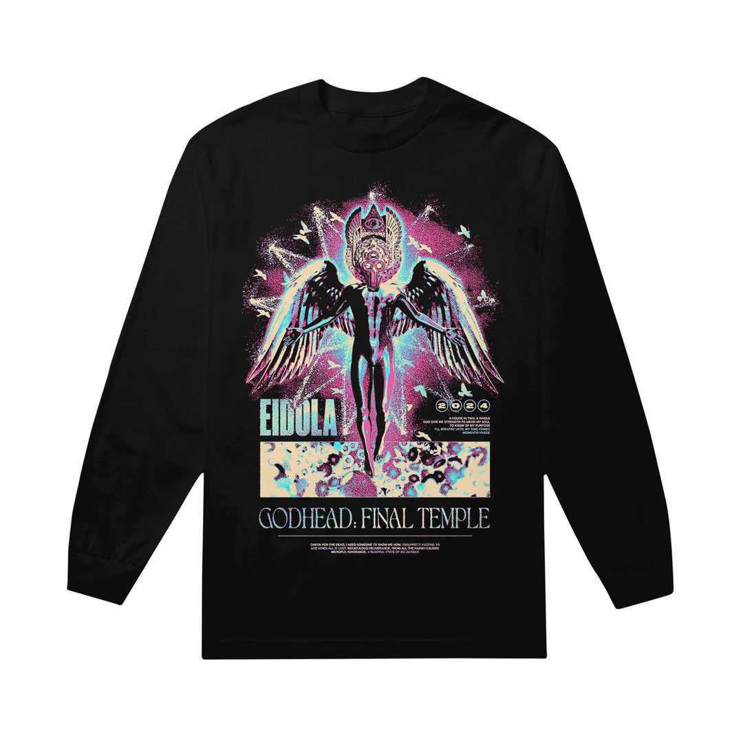 Eidola black long-sleeve Gildan shirt with a vibrant winged figure and cosmic face design surrounded by abstract patterns. Front text: EIDOLA and GODHEAD: FINAL TEMPLE.