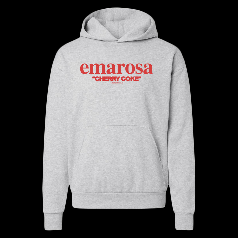 A light gray Emarosa Unisex Avenue Hooded Sweatshirt with red "emarosa" text on the chest, "CHERRY COKE" and "Emarosa LLC" below, plus a hood and front pocket for comfort and style.