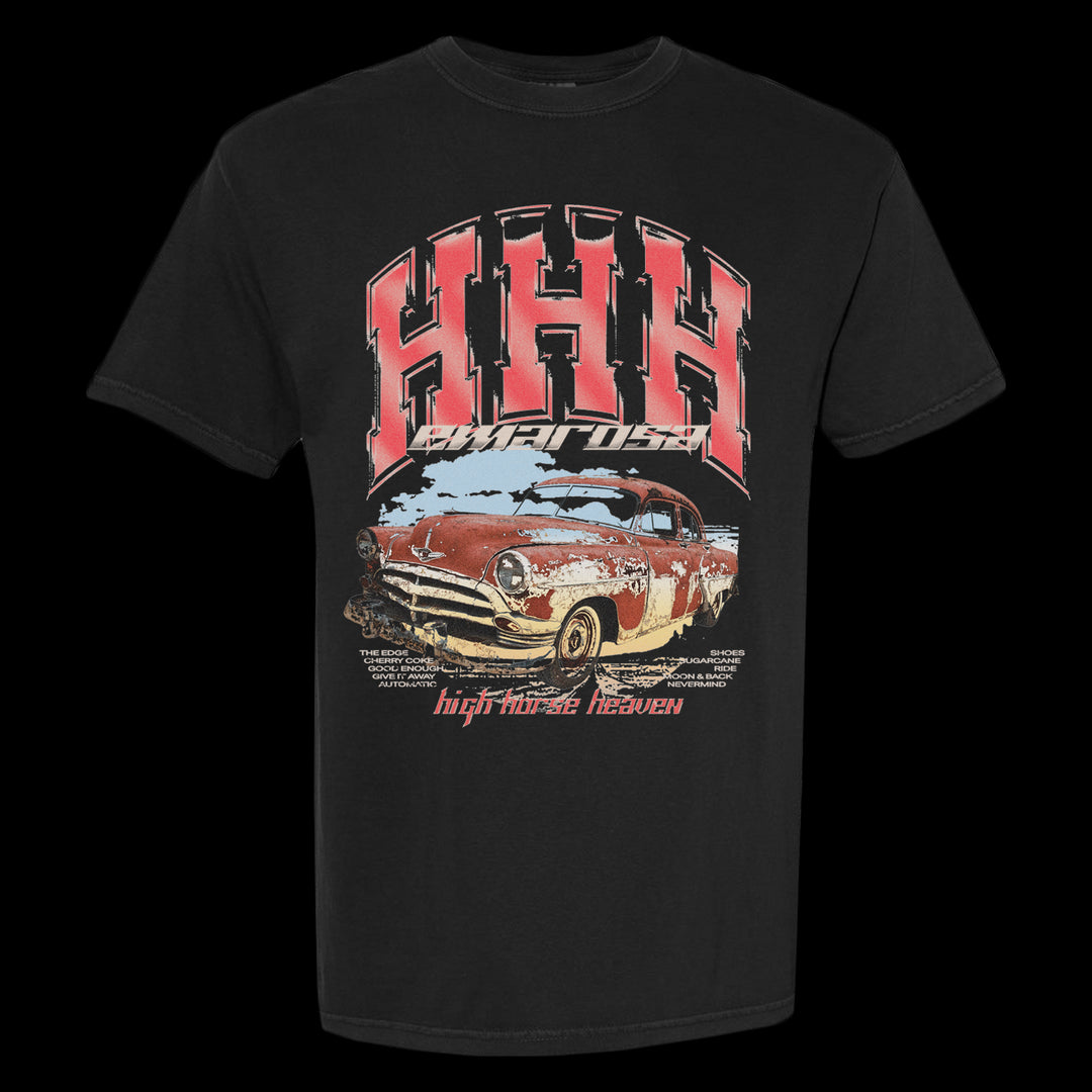 Black Emarosa Comfort Colors t-shirt with a graphic of a rusted vintage car, bold red HHH above, and the phrases "high horse" and "heaven" in stylized fonts below the car.