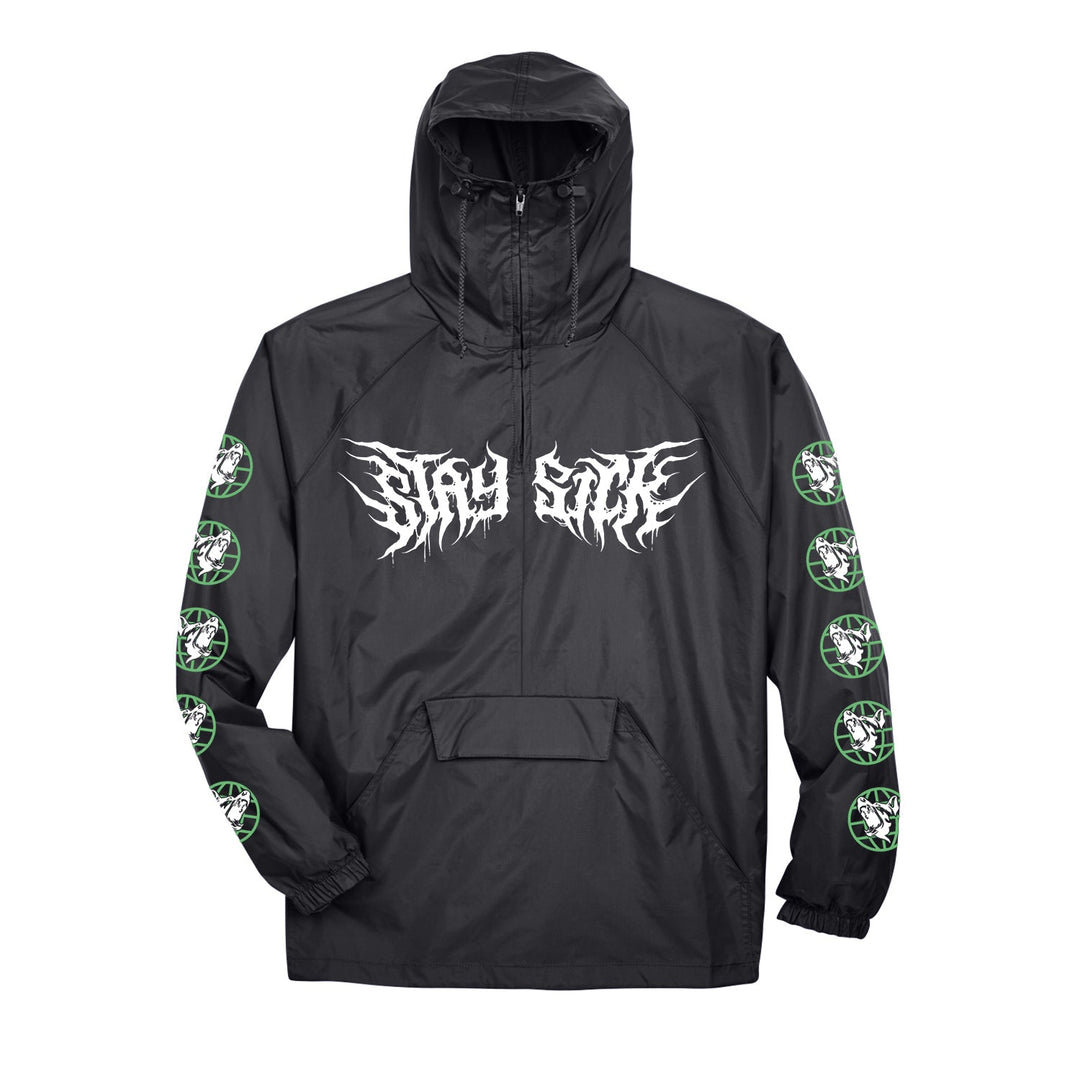 A black windbreaker hooded jacket from Stay Sick Clothing featuring STAY SANE in bold, distorted white text on the chest and green and white circular star logos with text repeating down both sleeves for a unique twist on the classic style.