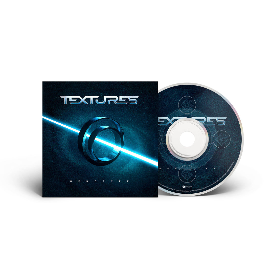 A CD case and disc for Textures Genotype by progressive band Textures, featuring a glowing ring crossed by a blue beam on a dark space-themed background with futuristic text and circular designs.