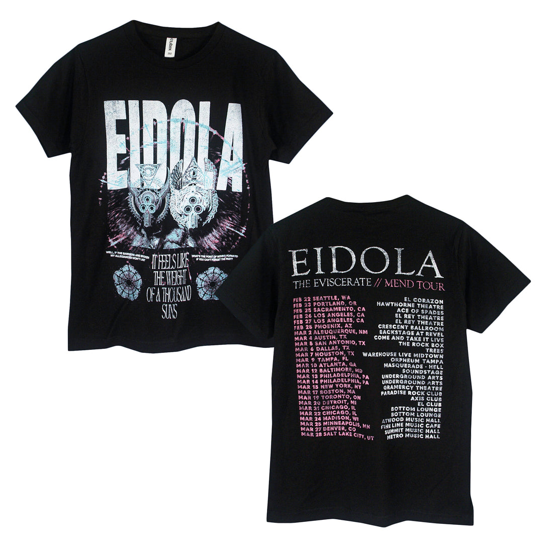 Eidola black band t-shirt with an illustrated front graphic and "The Eviscerate Mend Tour 2026" dates and locations in white and pink text on the back.