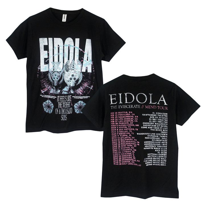 Eidola black band t-shirt with an illustrated front graphic and "The Eviscerate Mend Tour 2026" dates and locations in white and pink text on the back.