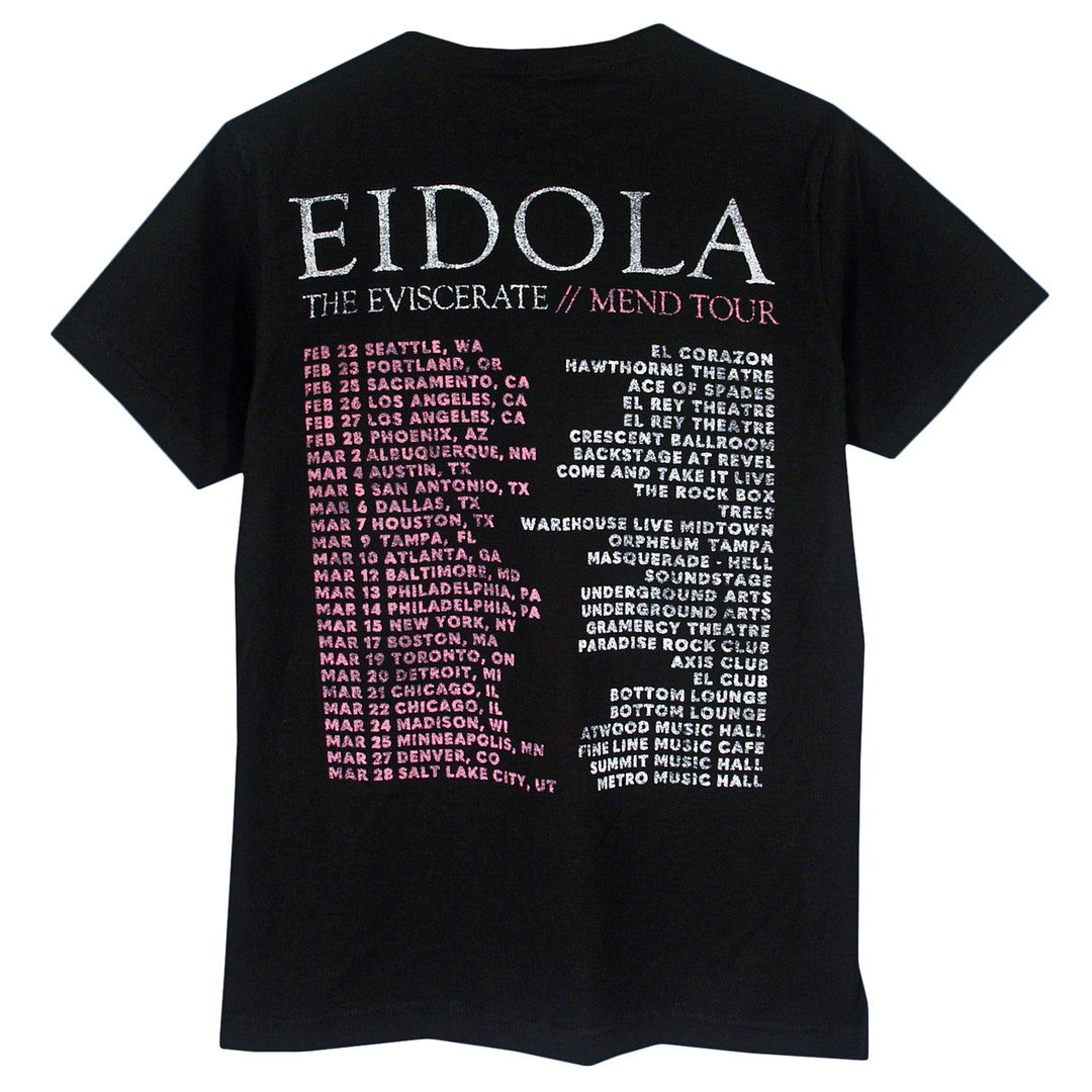 Eidola black T-shirt with “The Eviscerate // Mend 2026 Tour” on the back in white and pink, listing US cities like Seattle, Salt Lake City, and Chicago.