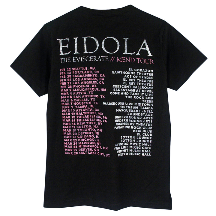 Eidola black T-shirt with “The Eviscerate // Mend 2026 Tour” on the back in white and pink, listing US cities like Seattle, Salt Lake City, and Chicago.