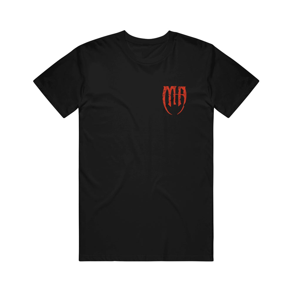 Melrose Avenue black t-shirt featuring a small red stylized MA logo on the upper left chest, displayed against a plain white background.