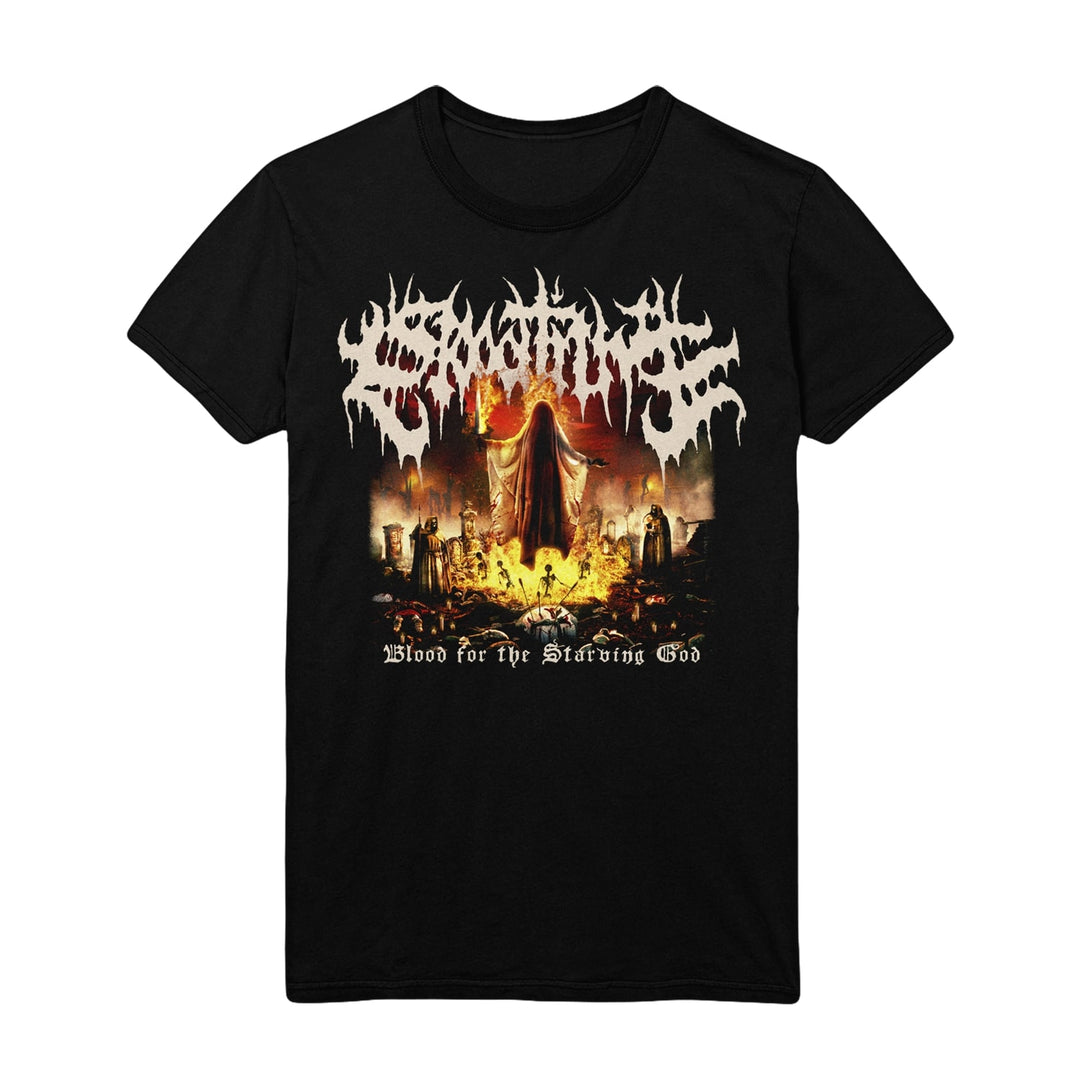 Blood Tithe black T-shirt showcases a hooded, red-robed figure above fire and skulls, kneeling people below. “SHOTIME” is printed on top, with “Blood For The Starving God” boldly beneath the vivid graphic.