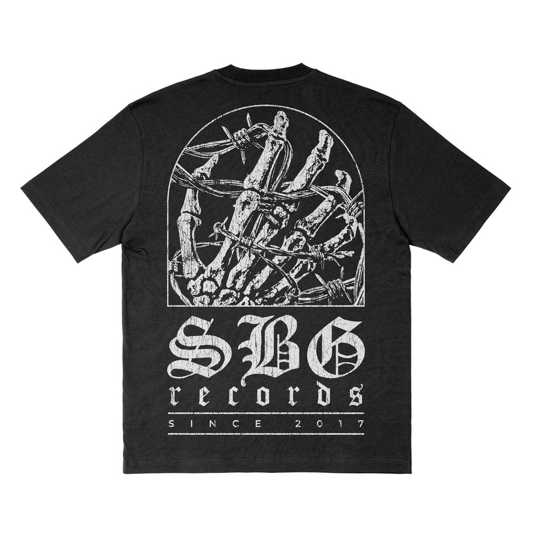 SBG Records black American Apparel t-shirt with a white skeletal hands graphic in an arch, "SBG Records" in gothic font below, and "SINCE 2017" at the bottom—a unique printed tee for your collection.