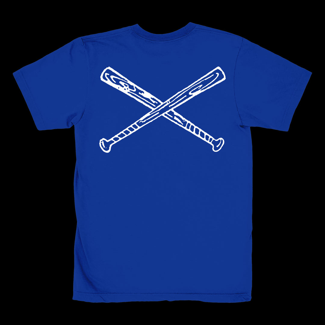 A royal blue Integrity Heavy Cotton T-Shirt featuring a printed graphic of two white, crossed baseball bats on the back.