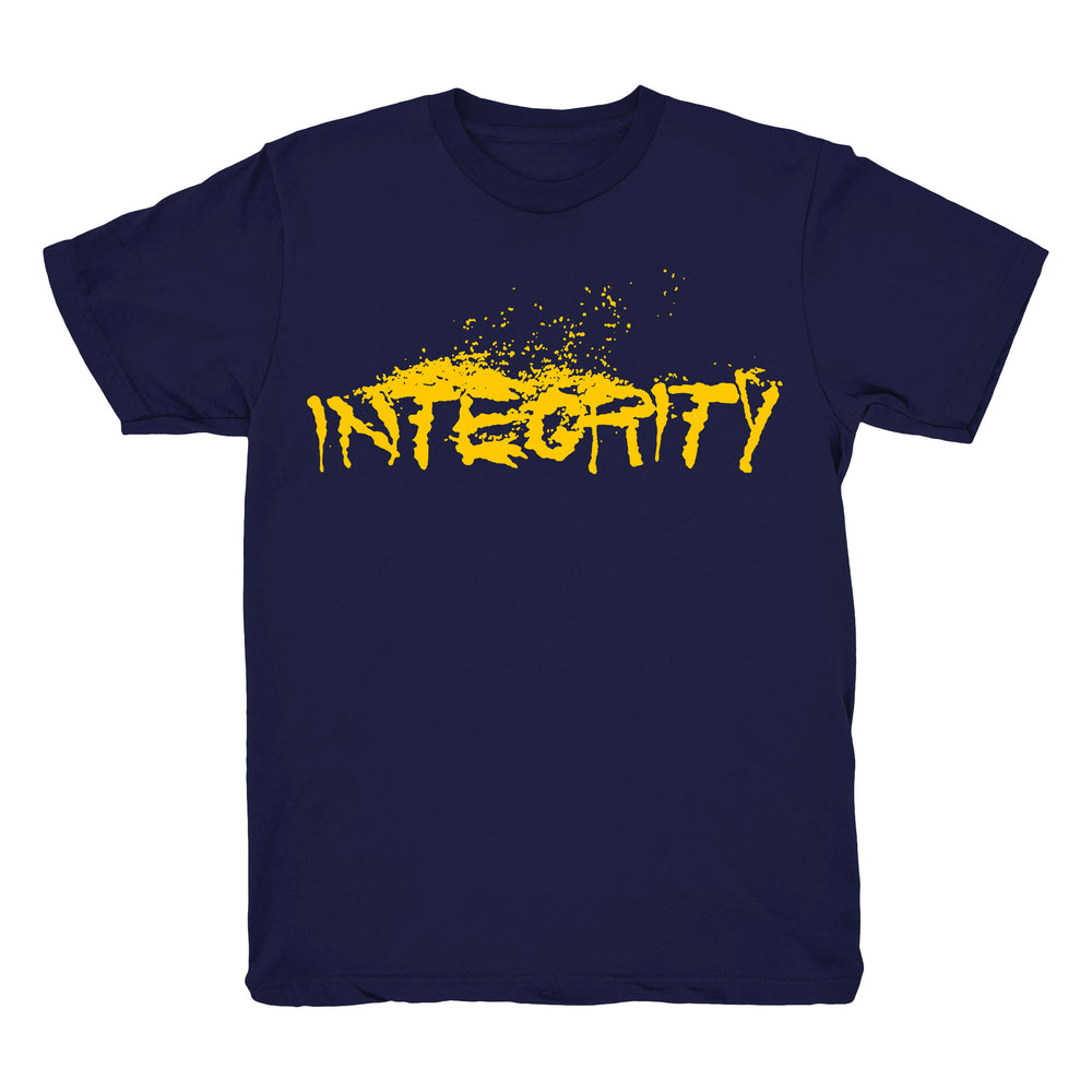 Navy blue Integrity Heavy Cotton T-Shirt featuring INTEGRITY in bold, yellow, paint-splatter style letters across the chest. Ideal for fans of standout printed tees. Brand: Integrity.