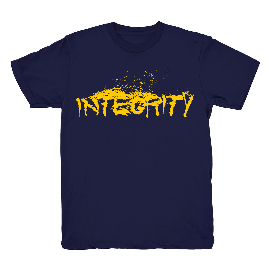 Navy blue Integrity Heavy Cotton T-Shirt featuring INTEGRITY in bold, yellow, paint-splatter style letters across the chest. Ideal for fans of standout printed tees. Brand: Integrity.