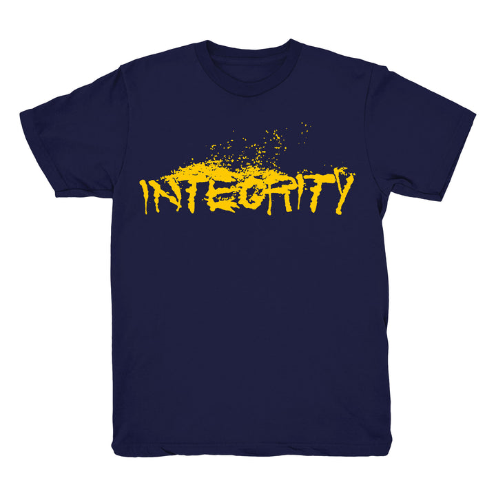 Navy blue Integrity Heavy Cotton T-Shirt featuring INTEGRITY in bold, yellow, paint-splatter style letters across the chest. Ideal for fans of standout printed tees. Brand: Integrity.