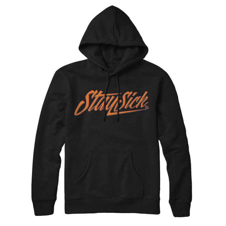 A black pullover hoodie from Stay Sick Clothing with a front pocket, drawstring hood, and bold orange Stay Sick script on the chest—a must-have Reaper Hoodie for your collection.