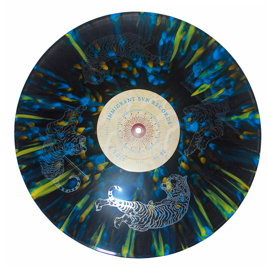 A limited edition 12” blue and yellow splatter vinyl from Spiritkiller, featuring tiger illustrations and an IMMIGRANT SUN RECORDS center label—ideal for fans of Albany NY hardcore.