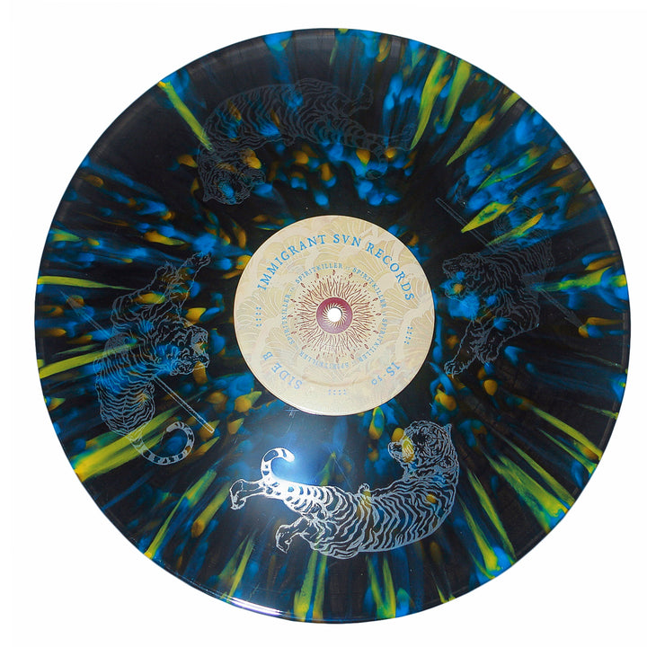 A limited edition 12” blue and yellow splatter vinyl from Spiritkiller, featuring tiger illustrations and an IMMIGRANT SUN RECORDS center label—ideal for fans of Albany NY hardcore.