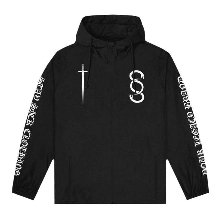 Stay Sick Clothing black zip-up jacket featuring a white sword graphic on the left chest, interlocking rings on the right, and stylized SHALL NOT MOURN text down both sleeves.