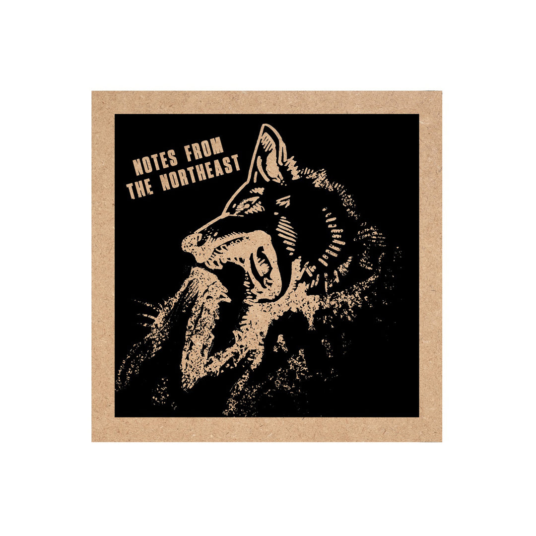 A stylized howling wolf and “NOTES FROM THE NORTHEAST” in bold tan letters on black, with a brown border—perfect for hardcore punk vinyl or 7-inch record fans from Immigrant Sun Records.