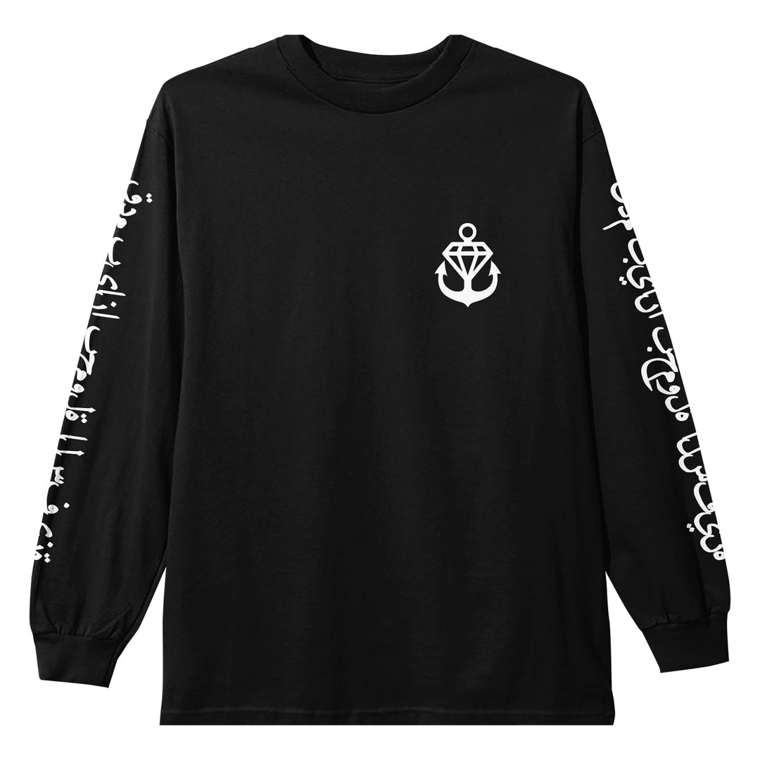 The Stay Sick Clothing Arabic Black long-sleeve shirt features a white anchor emblem on the chest and white stylized script down both sleeves.