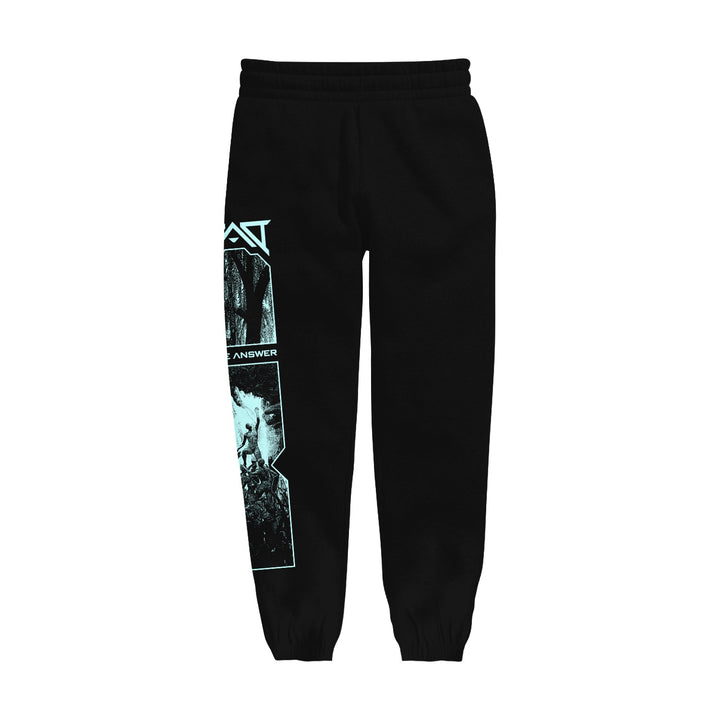 Black jogger sweatpants by Dead Air Divine with blue printed graphics and photos, including the band name, a live concert scene, and the word ANSWER on the left leg. Jerzees 4850 pants feature an elastic waistband and cuffs.