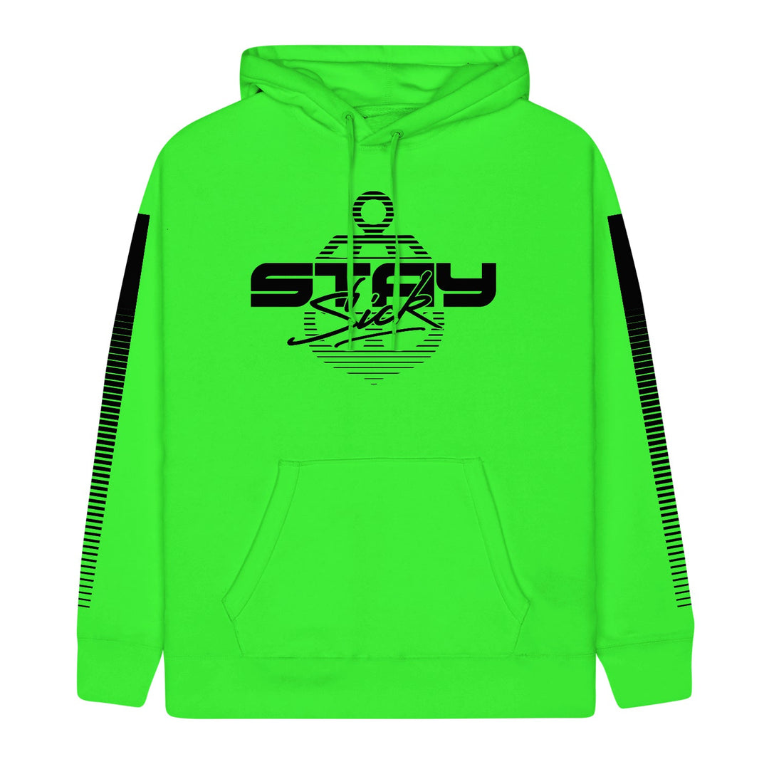 Stay Sick Clothing’s neon green 1980s-inspired hoodie features bold black stay sick graphics, sleeve stripes, a front pocket, and adjustable hood—perfect for vintage style fans.