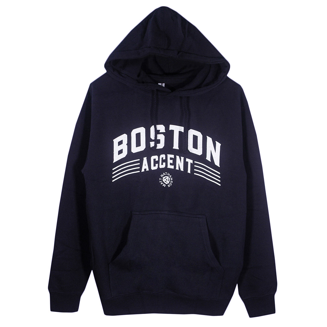 A black Matt Nathanson pullover hoodie with BOSTON ACCENT in bold white letters and thin white chest lines, plus a small circular design below the text for a classic printed look.