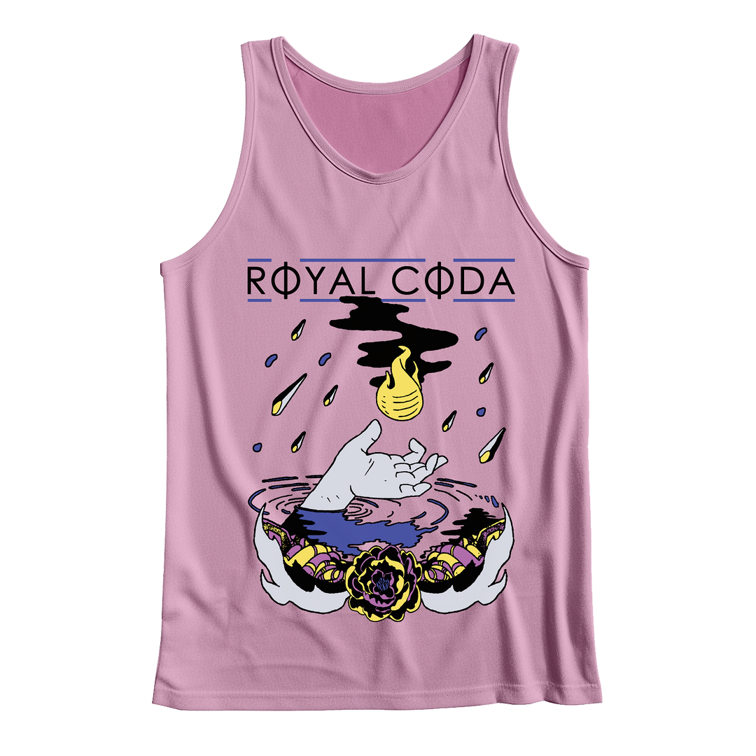 This Royal Coda women’s activewear pink tank top features the ROYAL CODA logo above a vibrant Hand & Flame design with rising hands, water drops, a yellow flame, floral accents, and striking graphic elements.