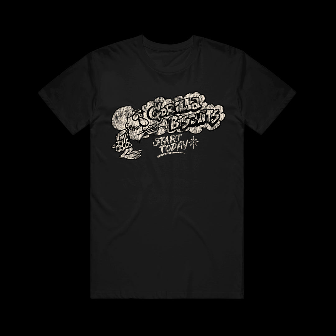 Black Gorilla Biscuits heavy cotton t-shirt with a distressed, hand-drawn cartoon skeleton graphic and bold "Gorilla Biscuits" and "Start Today" text—ideal for fans of unique printed tees.