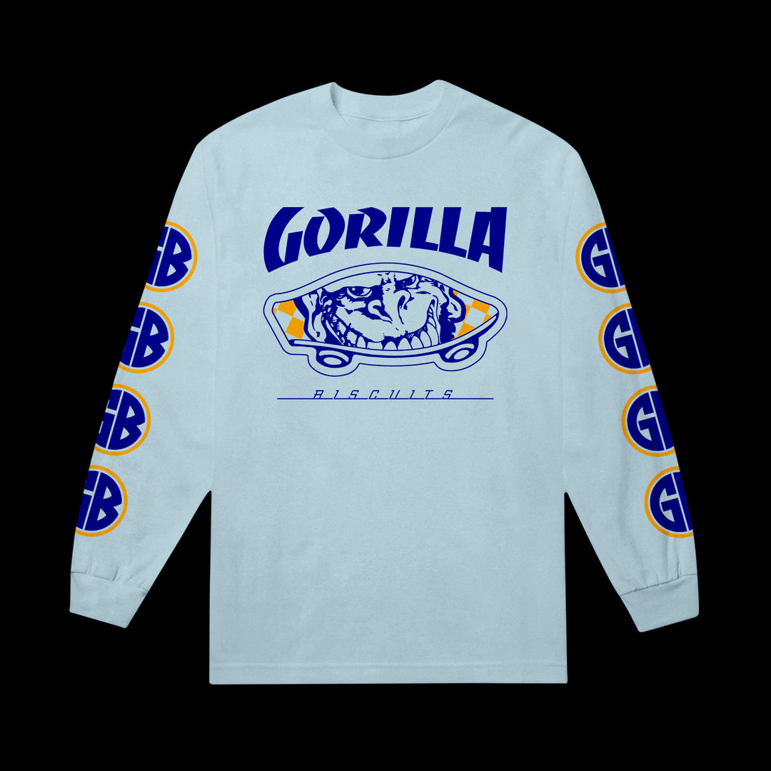 A light blue Gorilla Biscuits long-sleeve shirt featuring GORILLA and a gorilla face graphic in blue and yellow on the front, BISCUITS below, and circular GB logos printed down both sleeves.