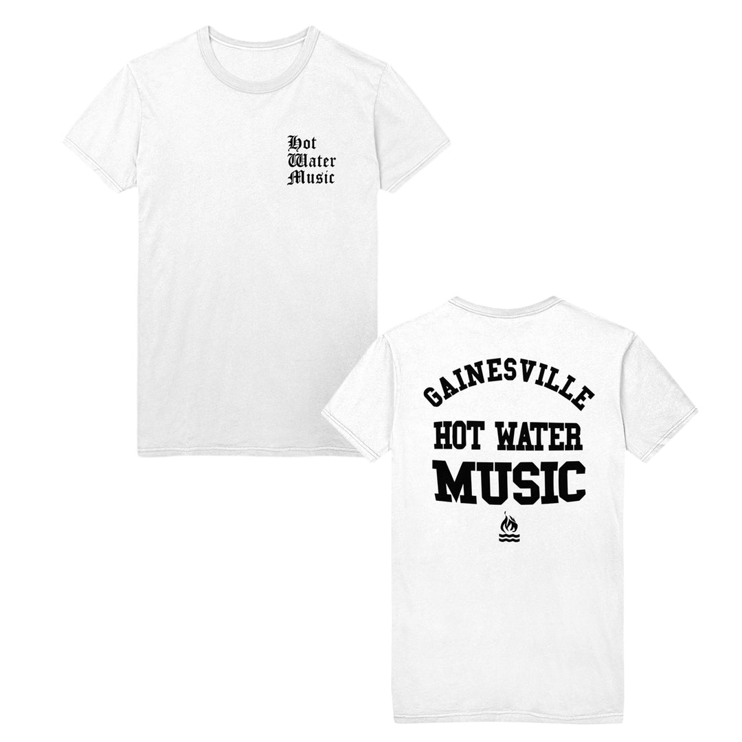 White t-shirt with 'Hot Water Music' text on front and back