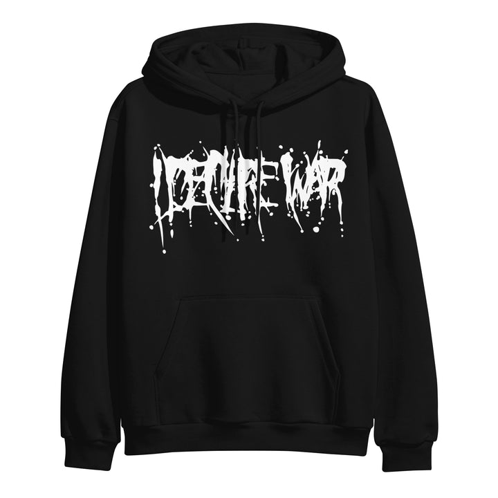 A black I Declare War hoodie with a bold white, dripping graffiti-style "DEATHWAR" graphic on the front—ideal for fans of edgy streetwear and graphic fashion.