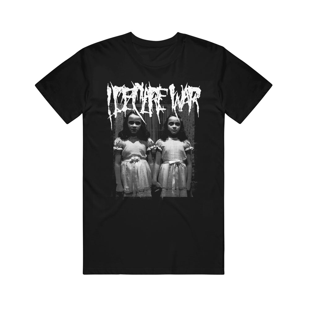 Black Gildan t-shirt by I Declare War featuring a distorted white LORNA WAR logo above a black-and-white image of two young girls in matching dresses, standing side by side with serious expressions.
