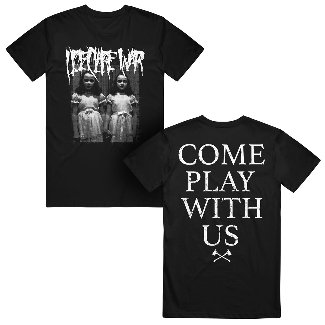 Black "I Declare War" t-shirt with two girls holding hands and OZHIYE WAR in horror font on the front; back features COME PLAY WITH US in white above two crossed axes.