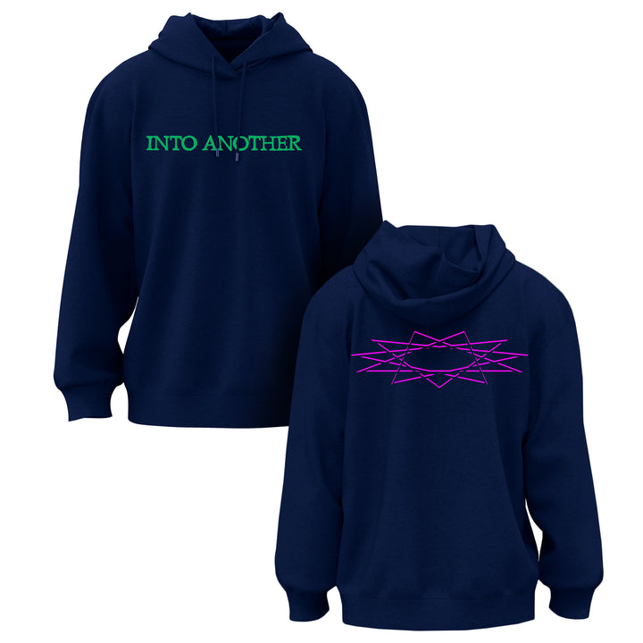 Navy blue Into Another Heavy Blend pullover hoodie shown front and back. Classic fit with green INTO ANOTHER text on the front and a bold pink geometric design on the back.