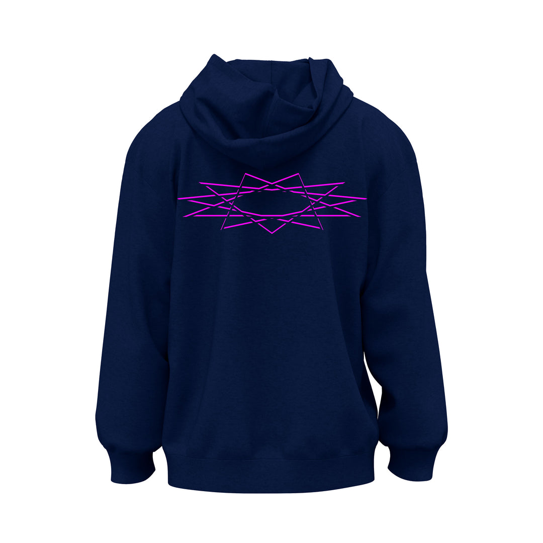 A navy blue Into Another hoodie with a bright pink geometric design of overlapping angular lines printed on the back. It features a front pocket and hood, blending comfort with bold, modern style.