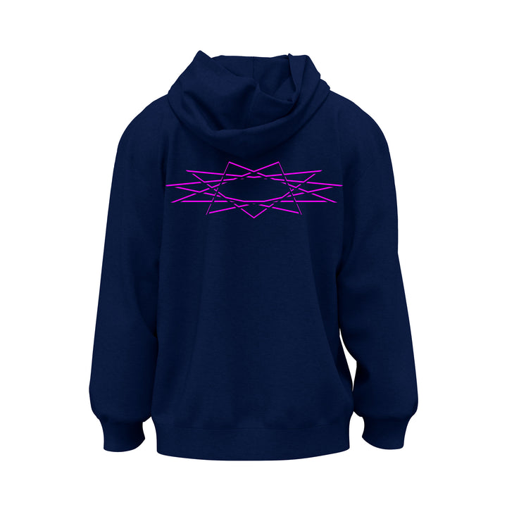 A navy blue Into Another hoodie with a bright pink geometric design of overlapping angular lines printed on the back. It features a front pocket and hood, blending comfort with bold, modern style.