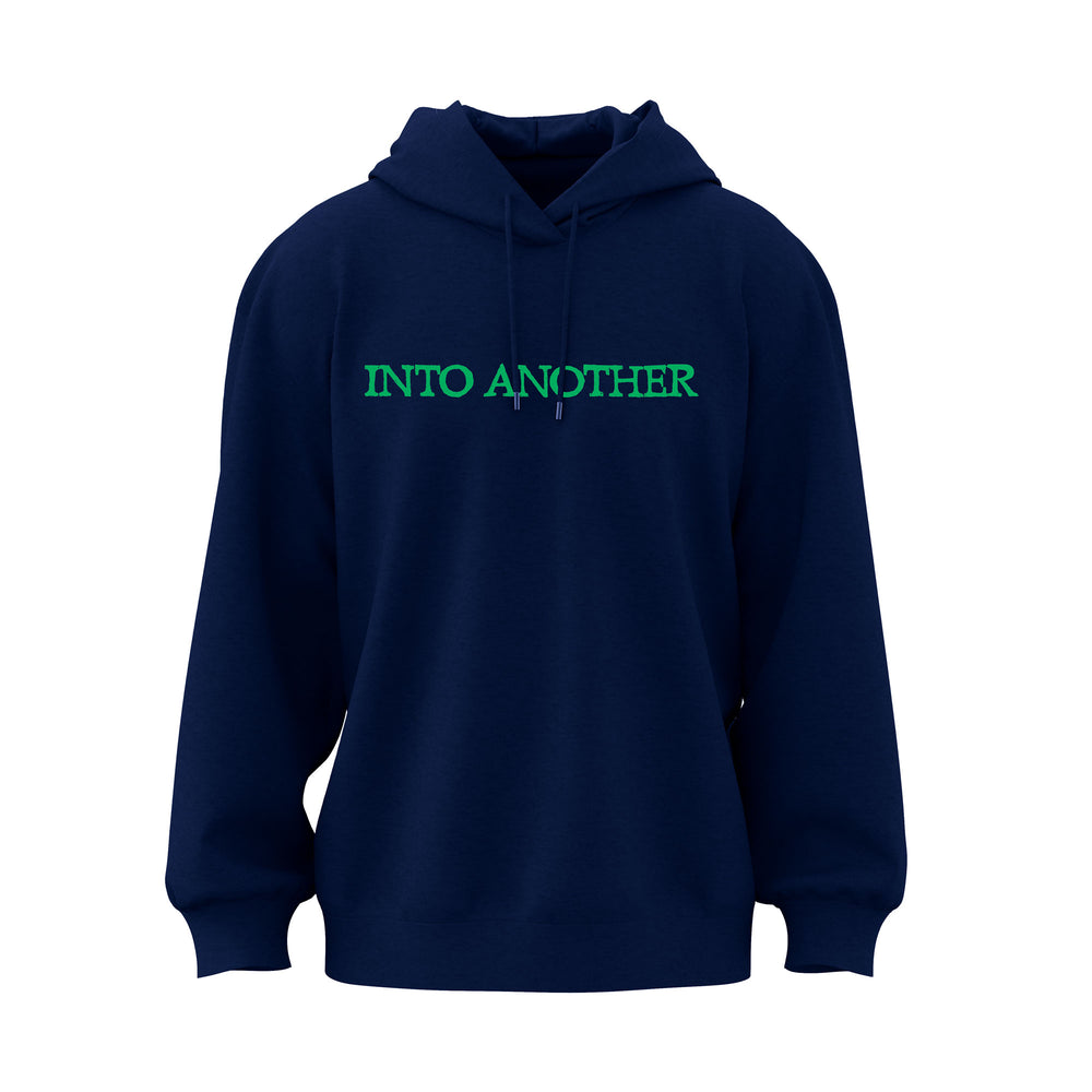 Navy blue Into Another hoodie with bright green capital letters spelling INTO ANOTHER across the chest.