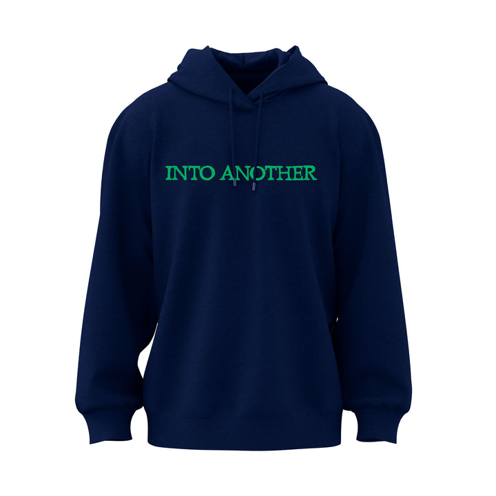 Navy blue Into Another hoodie with bright green capital letters spelling INTO ANOTHER across the chest.
