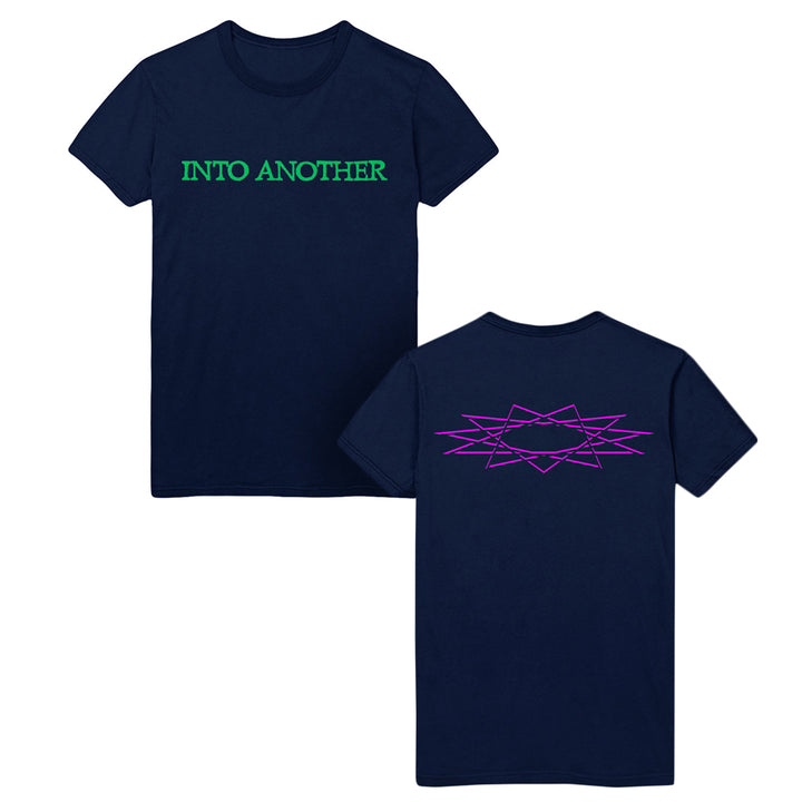Navy blue Into Another Gildan Heavy Cotton t-shirt featuring bright green INTO ANOTHER text on the front and abstract overlapping purple lines on the back. Classic fit for everyday comfort.